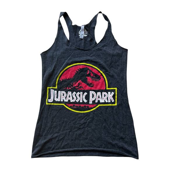 JURASSIC PARK Heather Black dinosaur Racerback raw stitching tank top sz XS - Picture 1 of 7